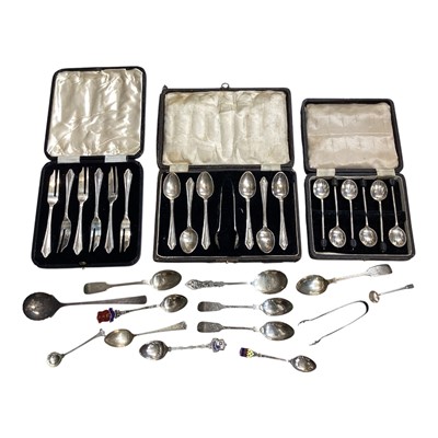 Lot 5198 - Three set of silver teaspoons, other silver spoons, silver sugar tongs, etc