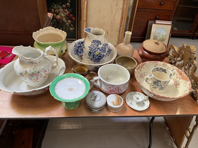 Lot 5132 - Collection of antique and later china, including three Mintons tiles, stoneware jars, etc (2 boxes)