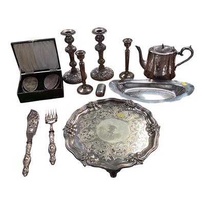 Lot 5017 - Pair of sterling silver candlesticks, pair of silver brushes, and a group of silver plate