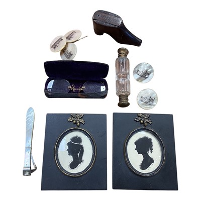 Lot 5094 - Objets vertu, including a mother of pearl handled cigar cutter, a Georgian treen shoe snuff box, antique spectacles, double ended scent bottle, pair of silhouet...