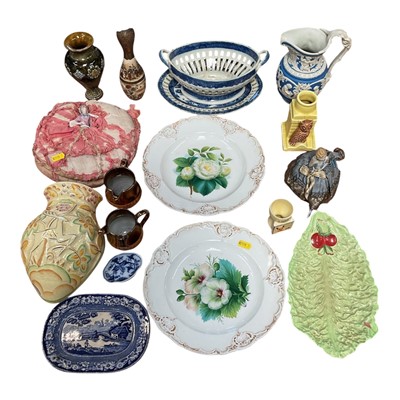Lot 5058 - Group of antique and later ceramics, including a pearlware chestnut basket and stand, pair of Meissen flower painted plates, two pin cushion dolls, Japanese Satsuma vase, etc