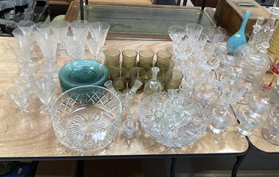 Lot 5072 - Large group of glassware, including drinking glasses, decanters, vases, etc, including coloured and plain