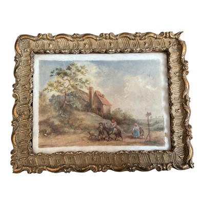 Lot 106 - 19th century oil on porcelain panel, travellers in a landscape
