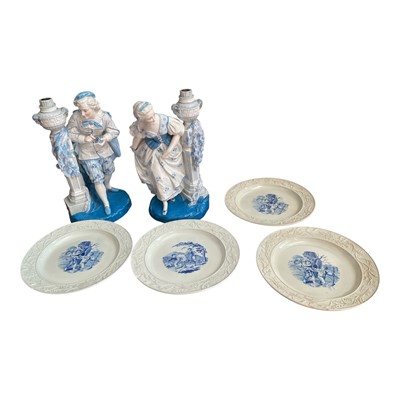 Lot 159 - Pair of Continental ceramic figural candlesticks, and four pearlware dishes