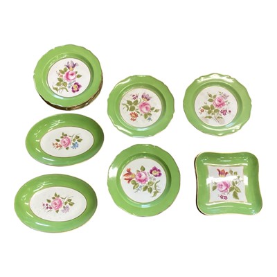 Lot 173 - Set of mid 19th century floral painted plates and two shaped dishes with green borders stamped Wedgwood to the base