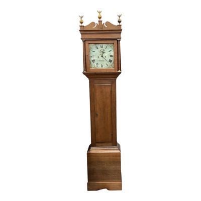 Lot 5307 - Davey of Needham Market, oak cased long case clock with painted enamel dial