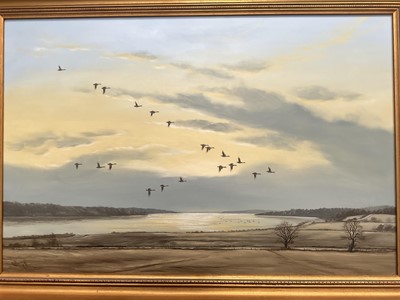 Lot 5169 - Keith W. Hastings (b. 1948), oil on board, geese in flight