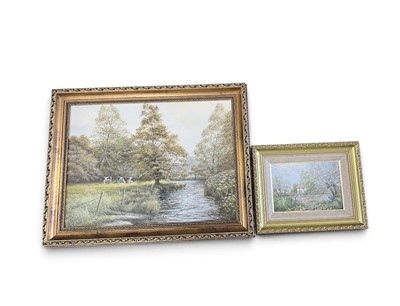 Lot 5194 - Keith W. Hastings (b. 1948) oil on board of a pond in front of a cottage, together with another, cows by a river, (2)