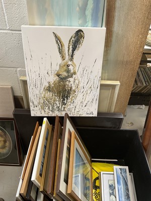 Lot 5189 - Sarah Pye print on canvas study of a hare, and other pictures