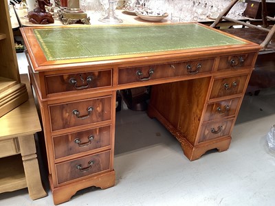 Lot 5171 - Reproduction yew wood twin pedestal desk with inset leather top