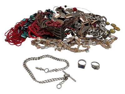 Lot 133 - Silver watch chain, two silver rings and a selection of contemporary bead necklaces