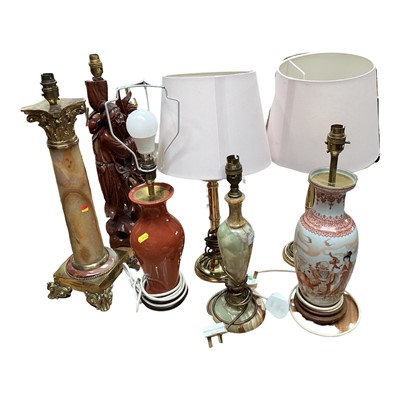 Lot 5076 - Collection of lamps to include two marble lamps, two ceramic lamps, a pair of brass lamps and others