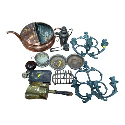 Lot 5127 - Group of metalwares, including an Arts & Crafts copper watering can, a pair of silver plates bottle coasters, etc