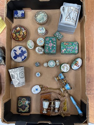 Lot 5057 - Group of objets vertu, including enamelled opera glasses, Chinese cloisonné and other enamel, Halcyon Days boxes, etc