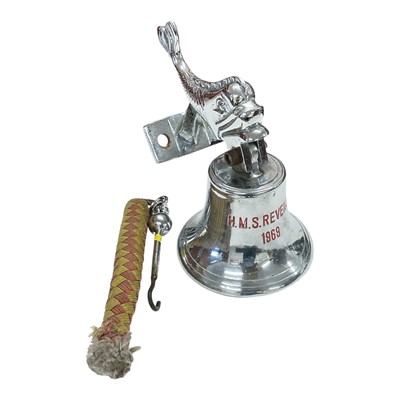 Lot 769 - H.M.S. Revenge chromium plated submarine bell, with classical dolphin mount, the underside engraved with names and dates. By repute the names are of children connected to the crew.