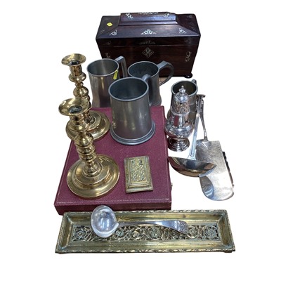 Lot 5082 - Edwardian rosewood tea caddy with mother of pearl inlay, a pair of brass candle sticks, pewter mugs and other items