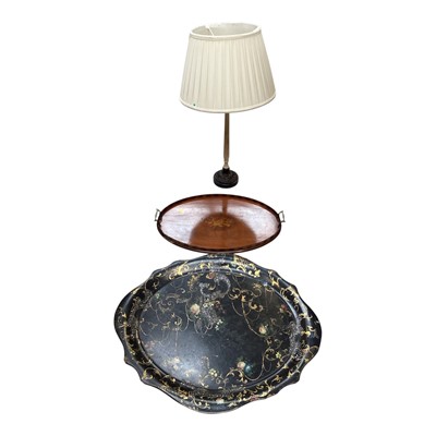 Lot 5079 - Victorian papier-mâché tray together with a Edwardian mahogany inlaid tray and a lamp