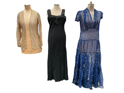 Lot 2567 - 1920s/30s evening dresses in lace, chiffon and crepe and gold tone metallic thread evening jacket.