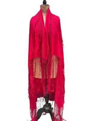 Lot 2568 - Cream Art Deco Assuit white metal shawl, red silk shawl, 1920s opera cloak in blue and silver with cream silk lining and a back silk coat with painted flowers and black crepe lining.