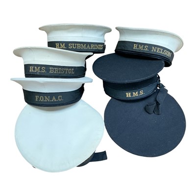 Lot 742 - Collection of seven British Naval Ratings caps to include H.M.S. Nelson, H.M.S. Mercury, H.M.S. Bristol and H.M. Submarines, (7).