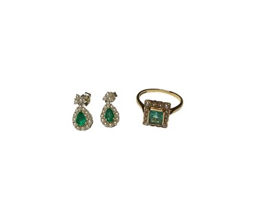Lot 154 - 9ct gold emerald and seed pearl rectangular cluster ring and a pair of emerald and seed pearl silver earrings