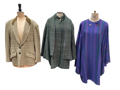 Lot 2571 - Lady's country wear including Branigan Weavers check cape and scarf, Irish woven large cape and scarf, large Scottish woven wool wrap, Jaejer green check jacket with velvet collar plus a Jaeger...