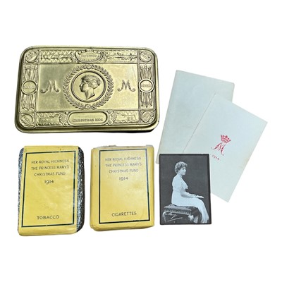 Lot 700 - First World War Princess Mary Gift Tin, with original contents comprising tobacco packet, cigarette packet, Christmas card and photograph of Princes Mary.