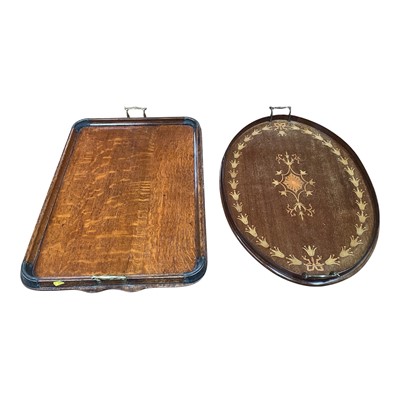Lot 5050 - Large Edwardian mahogany serving tray with inlay decoration together with another large oak tray