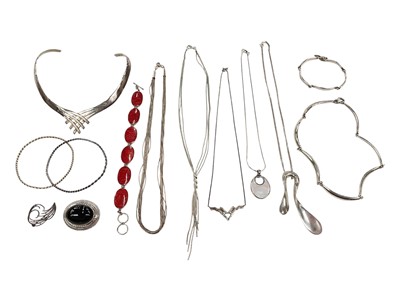 Lot 28 - Group of silver jewellery including an abstract torque necklace, other necklaces, bracelets, brooches and two white metal bangles
