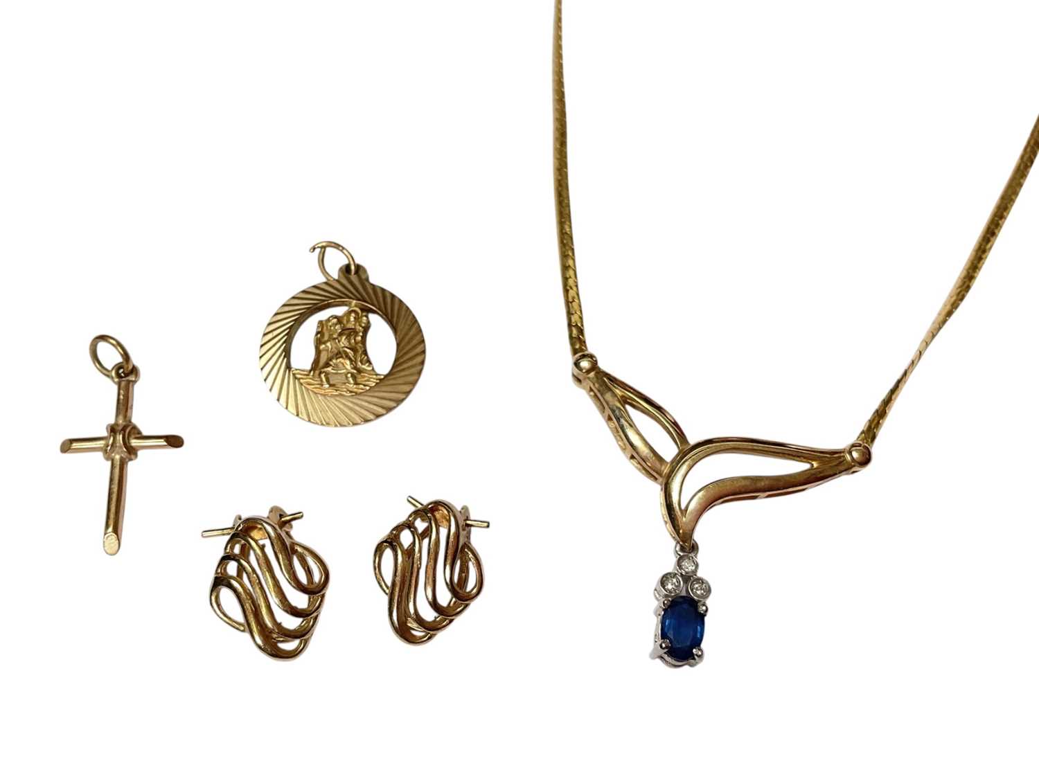 Lot 33 - Group of 9ct gold jewellery to include a sapphire pendant necklace, cross pendant, St. Christopher pendant and a pair of earrings