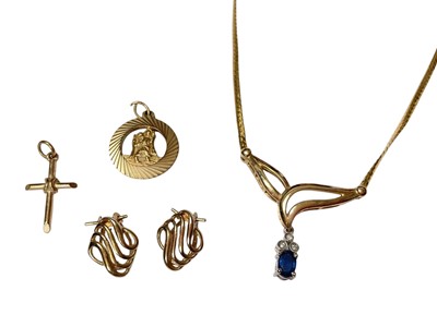 Lot 33 - Group of 9ct gold jewellery to include a sapphire pendant necklace, cross pendant, St. Christopher pendant and a pair of earrings
