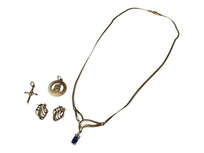 Lot 33 - Group of 9ct gold jewellery to include a sapphire pendant necklace, cross pendant, St. Christopher pendant and a pair of earrings