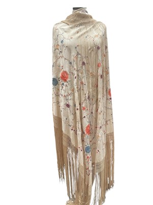 Lot 2586 - Cantonese embroidered cream silk piano shawl in scrolling flower design. 112 cm x 112 approximately (excluding fringing).