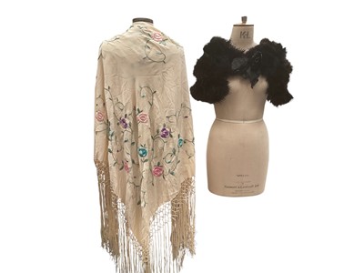 Lot 2587 - Cantonese embroidered cream silk piano shawl with polychrome flowers