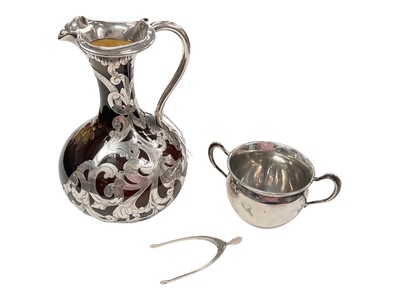 Lot 961 - Art Nouveau silver mounted pottery ewer, together with a silver sugar basin and silver wishbone tongs