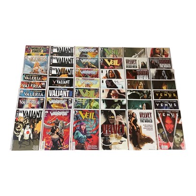 Lot 655 - One box of modern comics to include DC Comics (World's Finest), Image Comics (Wayward), Marvel Comics (Web-Warriors) and others. Approximately 150 comics, mostly bagged and boarded.