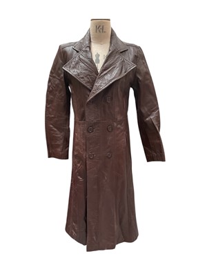 Lot 2592 - 1960s / 70s fitted long leather young man's leather coat, double breasted and wide collar.