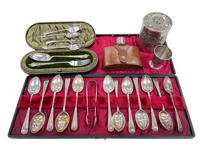 Lot 189 - Collection of silver and plate including an Edwardian silver Christening set in fitted case, silver cup and three silver spoons