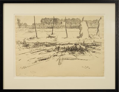 Lot Harry Becker (1865-1928) lithograph, Bean Sheafs and Sheep, Holland, 1908 - hand signed in pencil and dated '08, 39 x 56cm, glazed frame