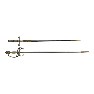 Lot 864 - 19th century Masonic or court sword with brass hilt and etched steel blade in a brass mounted leather scabbard, together with another sword, (2).