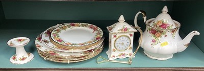 Lot 5158 - Group of Royal Albert Old Country Roses china, to include teapot, calendar plates, a clock etc