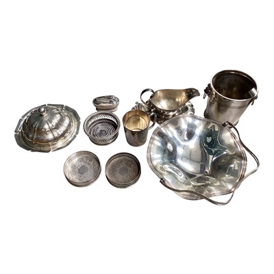 Lot 5119 - Group of silver plate to include wine cooler, coasters table lighter Etc