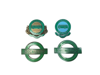 Lot Two vintage enamel London Transport badges, together with two London Country Inspector and Instructor badges, (4).