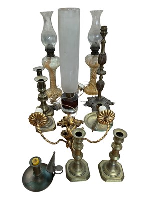 Lot 5018 - Group of lighting, including brass candlesticks, gilt metal lamp, etc
