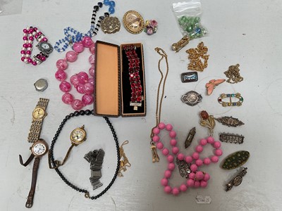 Lot 5211 - Group of jewellery and watches, including a 9ct gold cased watch, silver brooches, etc
