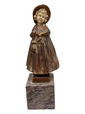 Lot 5091 - Early 20th century patinated bronze/spelter and ivory figure of a girl, on a square marble base, in the style of Ferdinand Preiss, 16.25cm total height