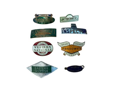 Lot Group of eight various transport badges to include Ashdown's Luxury Coaches Danbury, Leicester City Transport Inspector and Western National five years service, and others, (8).