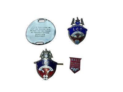 Lot Early 20th century Leeds City Transport silver and enamel Inspector badge, (Birmingham 1915), together with another similar, apparently unmarked, a Belfast City Tramways enamel badge and a W.H.C...
