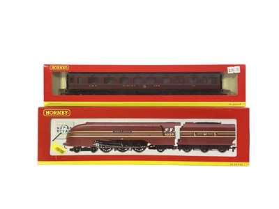 Lot 1793 - Hornby OO Gauge LMS crimson 4-6-2 Coronation Class "Duchess of Gloucester" tender locomotive 6225, boxed R2179 and LMS crimson Dining Car ~ R4095, Composite coach (x2) ~ R4061A & 3rd Class b...