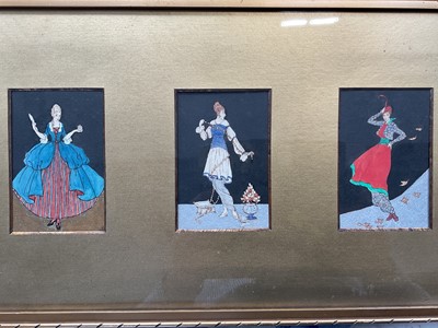 Lot 5025 - F.M. Beard, six pen and watercolour pochoir style fashion paintings, framed in groups of three, some signed, dated 1915, each measuring 10.5cm x 7cm